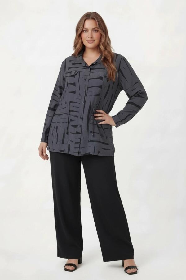 Bel Bağcıklı Büyük Beden İnce Ceket Füme - 2