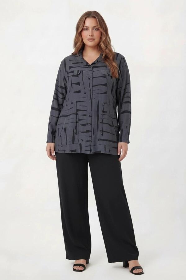 Bel Bağcıklı Büyük Beden İnce Ceket Füme - 3