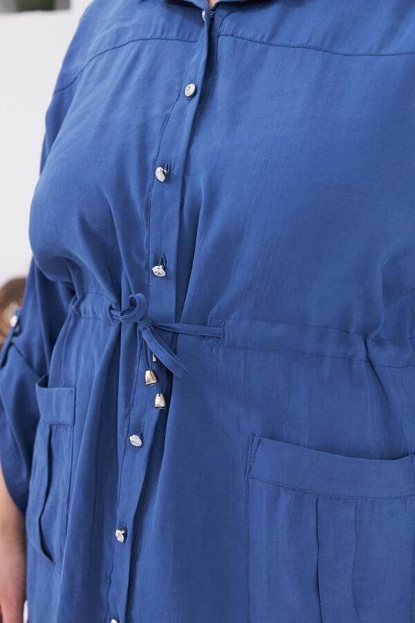 Bel Bağcıklı Cep Detaylı Büyük Beden Ceket İndigo - 2