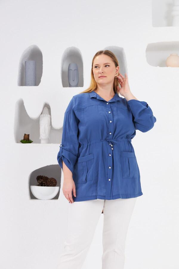 Bel Bağcıklı Cep Detaylı Büyük Beden Ceket İndigo - 3