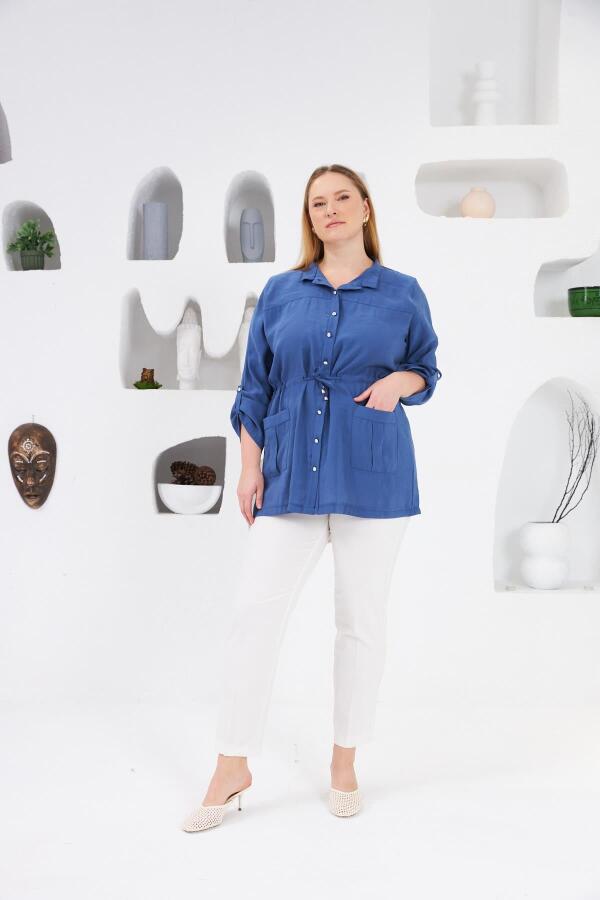 Bel Bağcıklı Cep Detaylı Büyük Beden Ceket İndigo - 6