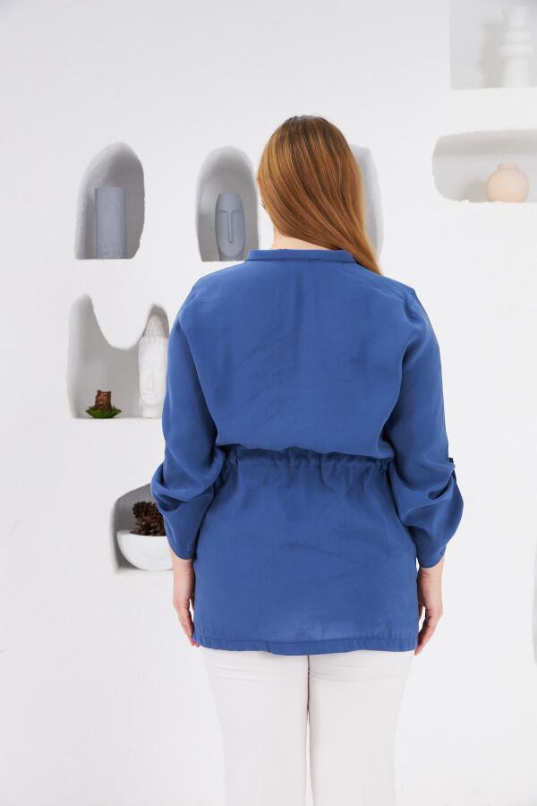 Bel Bağcıklı Cep Detaylı Büyük Beden Ceket İndigo - 7