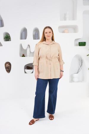 Bel Bağcıklı Cep Detaylı Büyük Beden Ceket Krem - 3