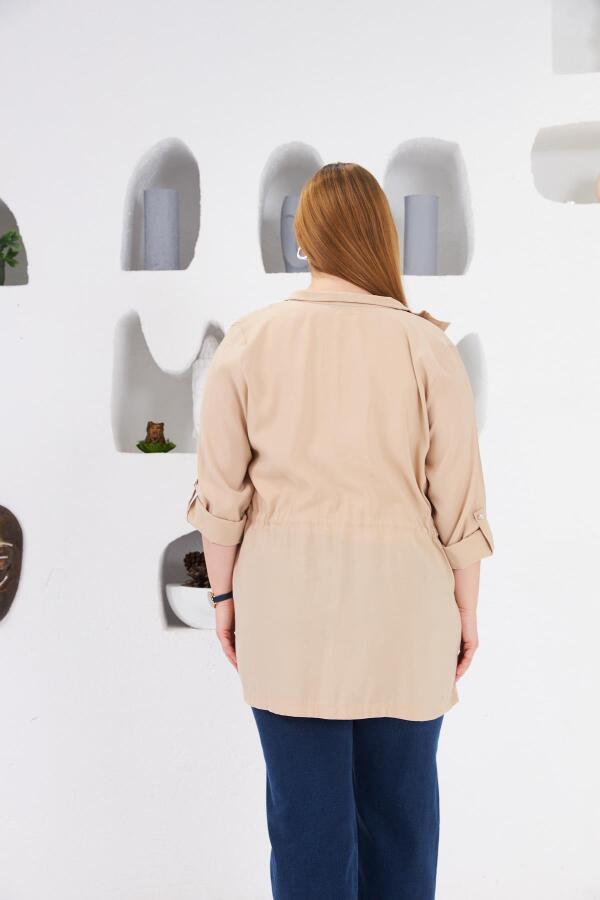 Bel Bağcıklı Cep Detaylı Büyük Beden Ceket Krem - 5