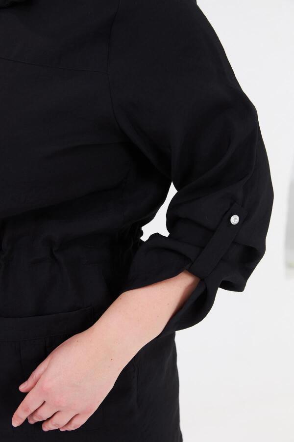 Bel Bağcıklı Cep Detaylı Büyük Beden Ceket Siyah - 2