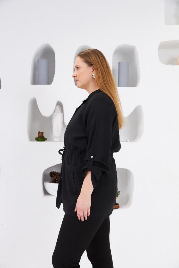 Bel Bağcıklı Cep Detaylı Büyük Beden Ceket Siyah - 3