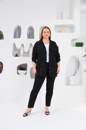 Bel Bağcıklı Cep Detaylı Büyük Beden Ceket Siyah - 5