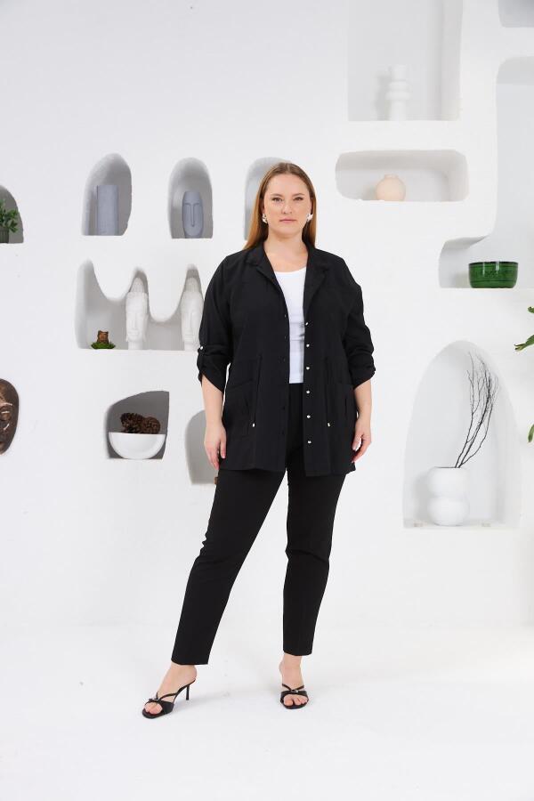 Bel Bağcıklı Cep Detaylı Büyük Beden Ceket Siyah - 5