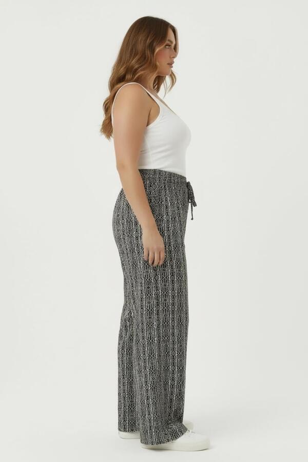 Bel Bağcıklı Siyah Beyaz Desenli Kadın Büyük Beden Bol Paça Pantolon Siyah - 3