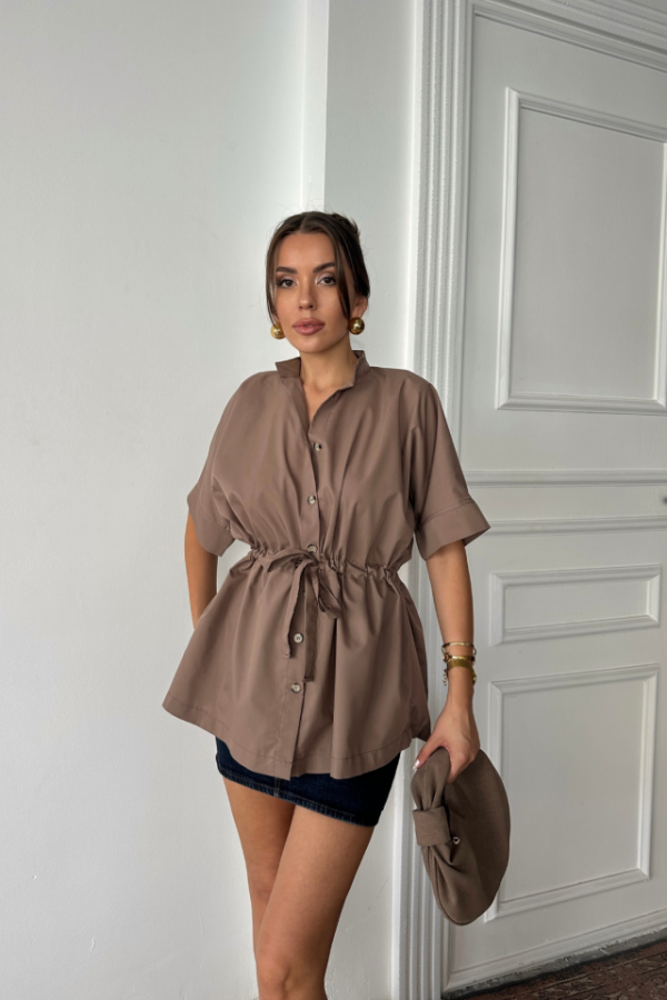 BEL BÜZGÜ DETAYLI POPLİN GÖMLEK - Kahverengi - 1
