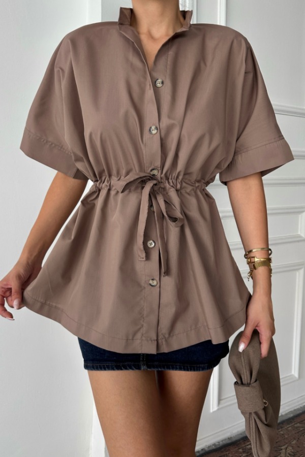 BEL BÜZGÜ DETAYLI POPLİN GÖMLEK - Kahverengi - 2