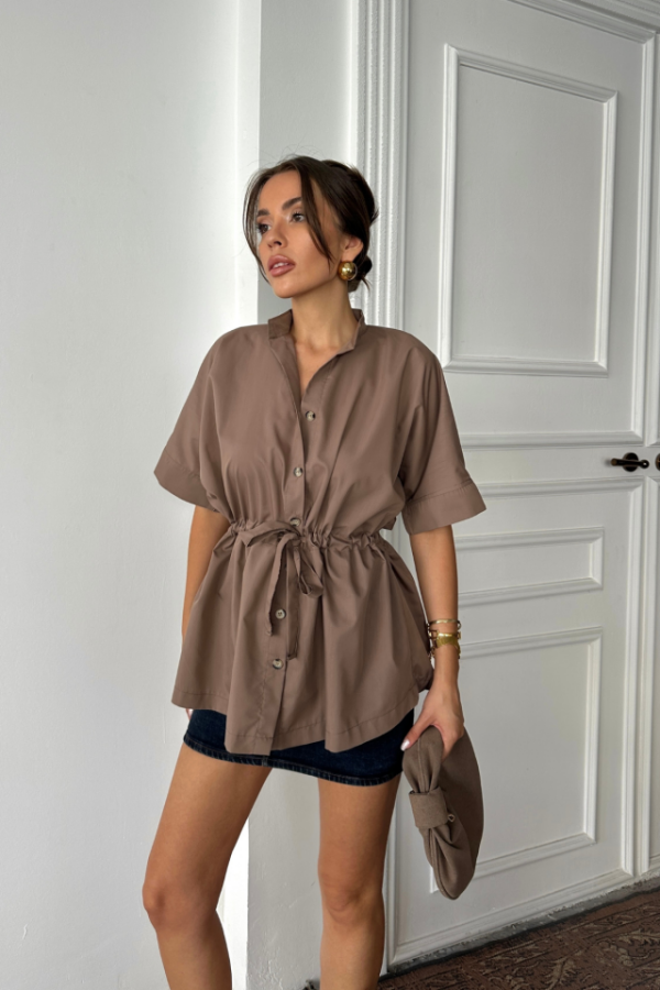 BEL BÜZGÜ DETAYLI POPLİN GÖMLEK - Kahverengi - 3