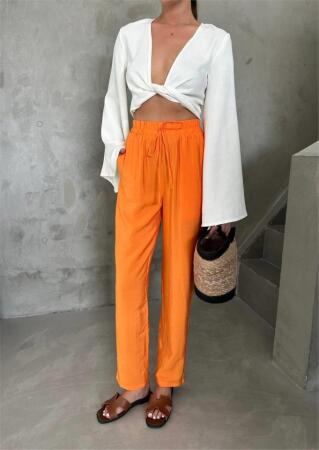 BEL LASTİK DETAYLI MODAL KUMAŞ PANTOLON - Orange - 4