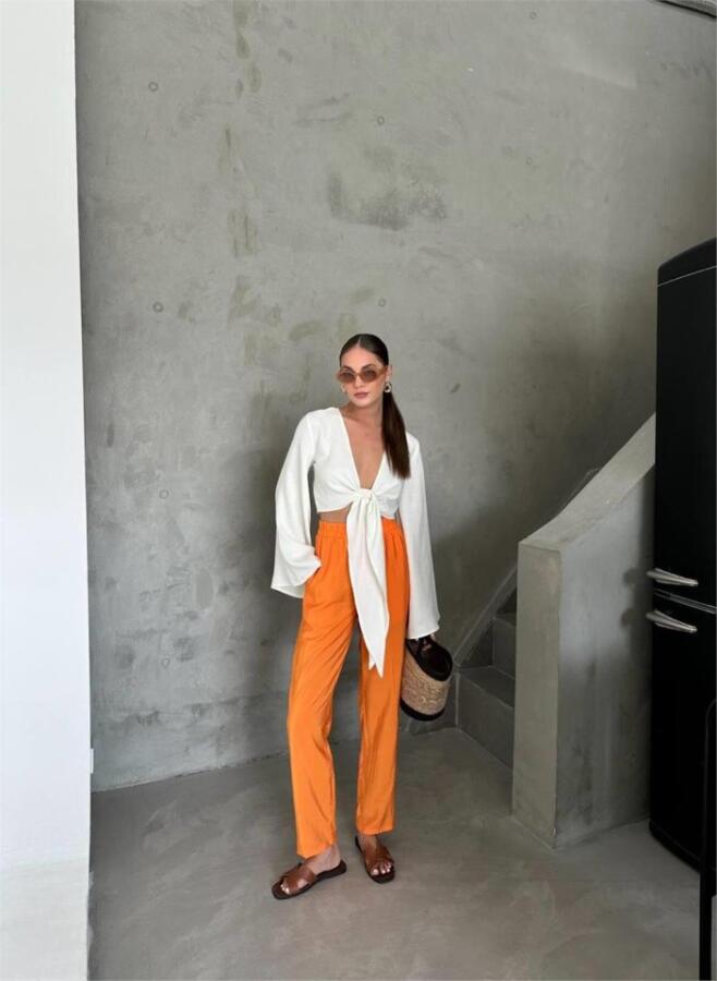BEL LASTİK DETAYLI MODAL KUMAŞ PANTOLON - Orange - 1