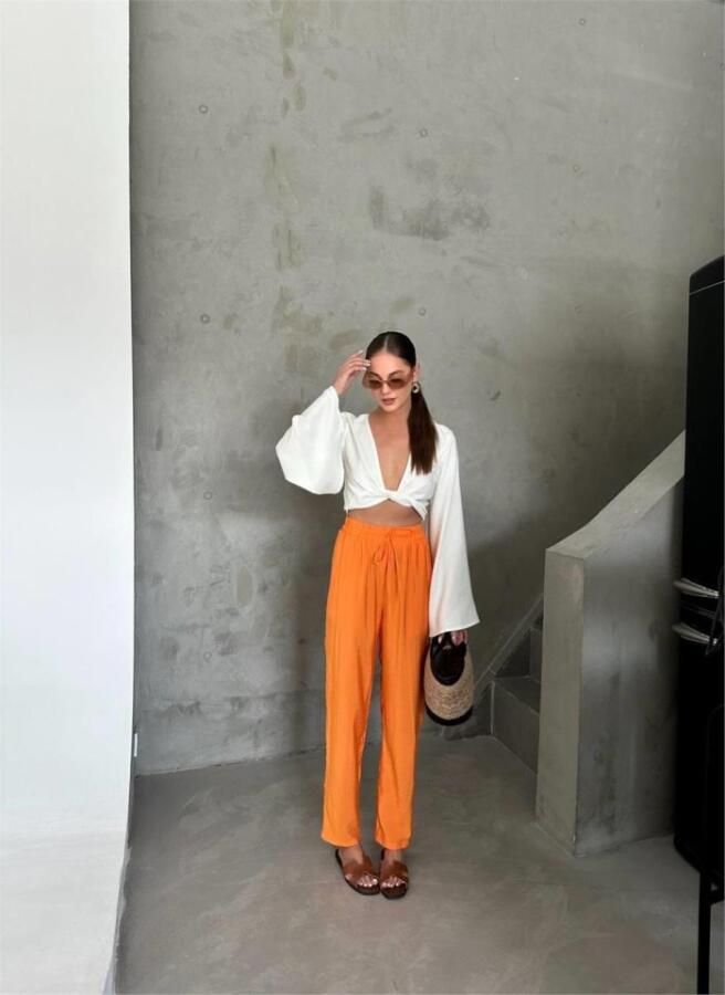 BEL LASTİK DETAYLI MODAL KUMAŞ PANTOLON - Orange - 3