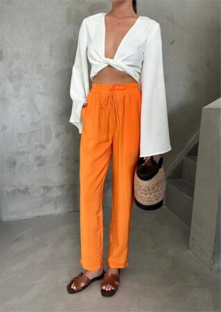 BEL LASTİK DETAYLI MODAL KUMAŞ PANTOLON - Orange - 4