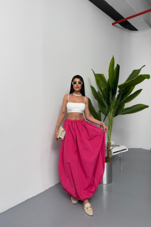 BEL LASTİKLİ BALON ETEK ŞANEL BOY SOFT KUMAŞ - Fuşya - ANGELINO BuyukBedeniz (1)