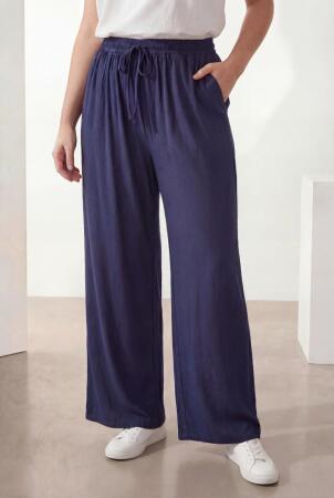 Bel Lastikli Bol Paça Büyük Beden Kadın Pantolon Lacivert - RMG