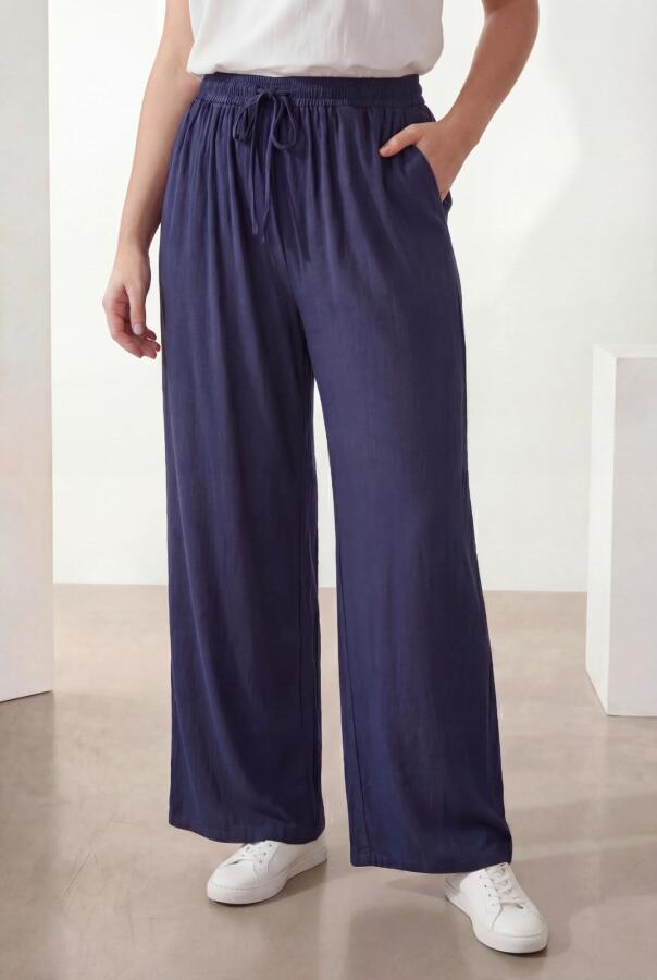 Bel Lastikli Bol Paça Büyük Beden Kadın Pantolon Lacivert - 1