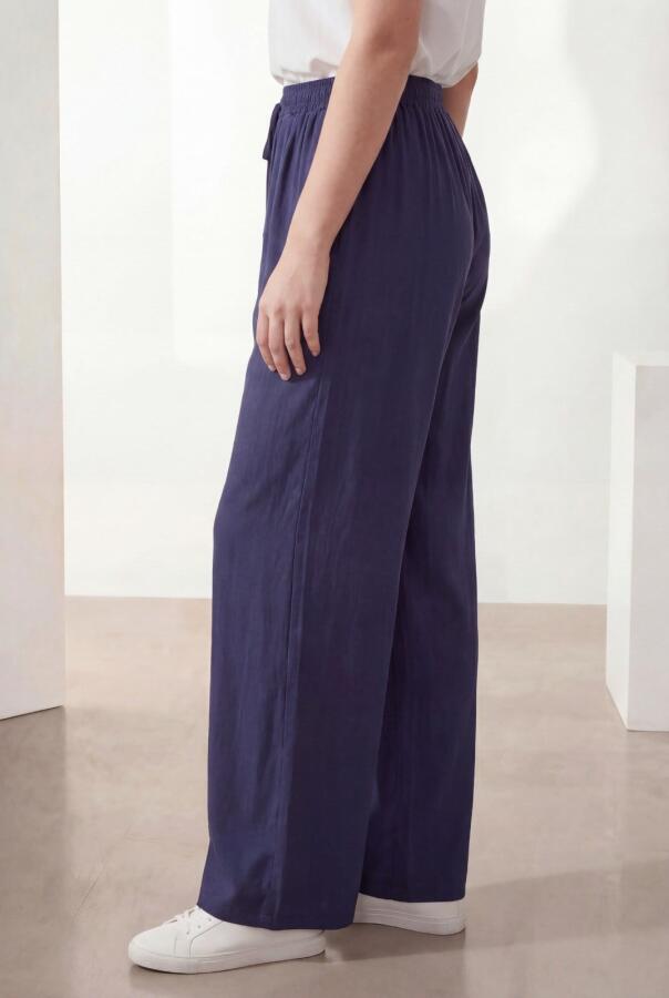 Bel Lastikli Bol Paça Büyük Beden Kadın Pantolon Lacivert - 2