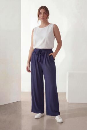 Bel Lastikli Bol Paça Büyük Beden Kadın Pantolon Lacivert - 4