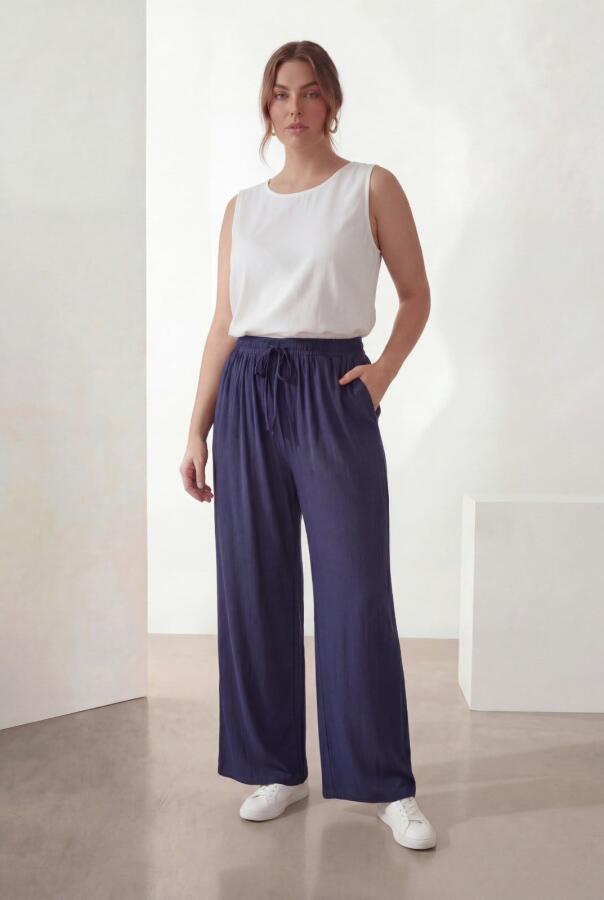 Bel Lastikli Bol Paça Büyük Beden Kadın Pantolon Lacivert - 4