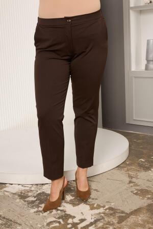 Bel Lastikli Paça Mini Yırtmaçlı Büyük Beden Kahve Kumaş Pantolon - 5