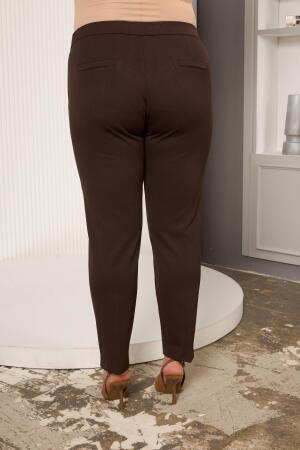 Bel Lastikli Paça Mini Yırtmaçlı Büyük Beden Kahve Kumaş Pantolon - 6