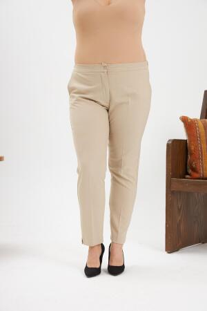 Bel Lastikli Paça Mini Yırtmaçlı Büyük Beden Krem Kumaş Pantolon - 3