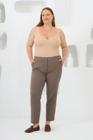 Bel Lastikli Paça Mini Yırtmaçlı Büyük Beden Kumaş Pantolon Vizon - 4