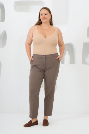 Bel Lastikli Paça Mini Yırtmaçlı Büyük Beden Kumaş Pantolon Vizon - 4