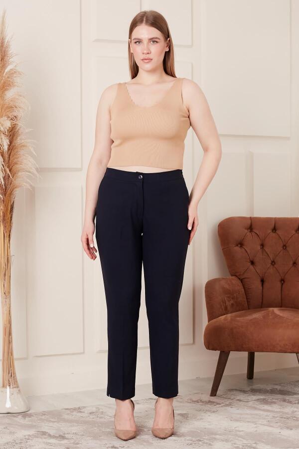 Bel Lastikli Paça Mini Yırtmaçlı Büyük Beden Lacivert Kumaş Pantolon - 8