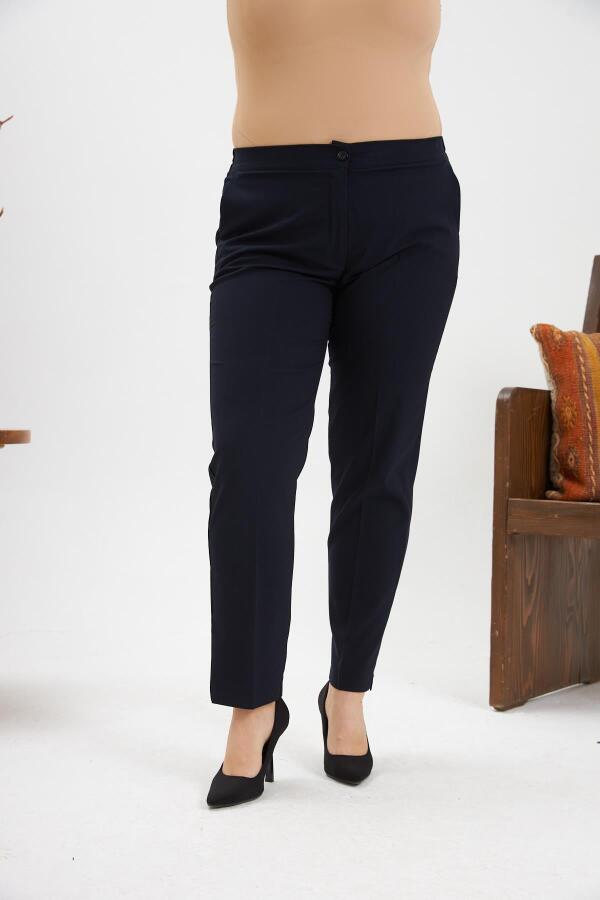 Bel Lastikli Paça Mini Yırtmaçlı Büyük Beden Lacivert Kumaş Pantolon - 1