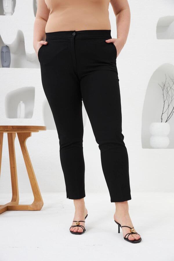 Bel Lastikli Paça Mini Yırtmaçlı Büyük Beden Siyah Kumaş Pantolon - 1