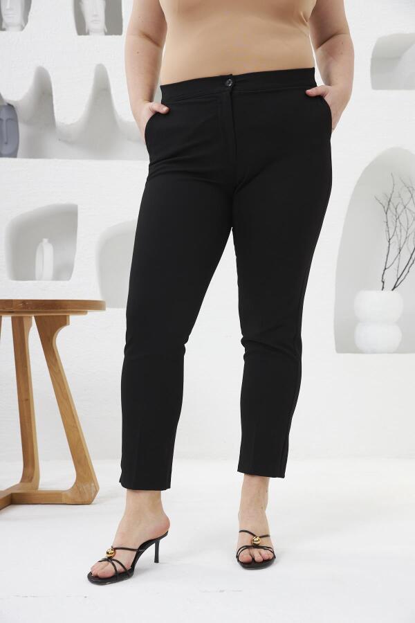 Bel Lastikli Paça Mini Yırtmaçlı Büyük Beden Siyah Kumaş Pantolon - 3