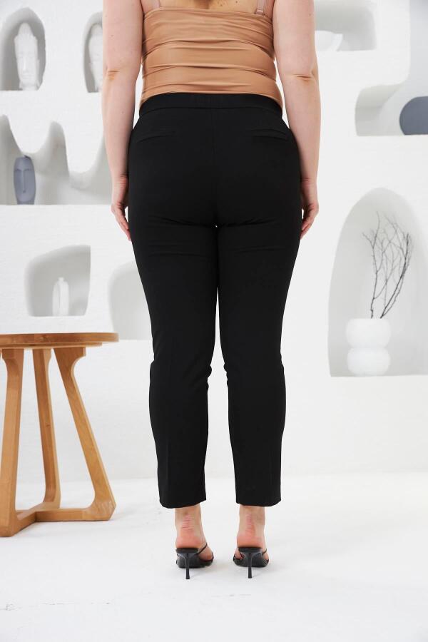 Bel Lastikli Paça Mini Yırtmaçlı Büyük Beden Siyah Kumaş Pantolon - 4