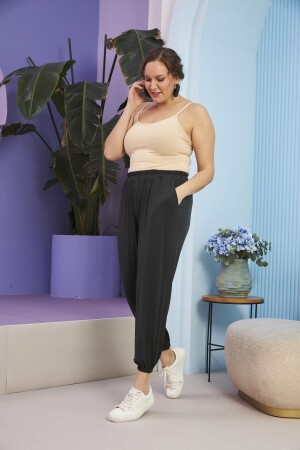 Bel ve Paça Lastikli Büyük Beden Haki Pantolon - 5