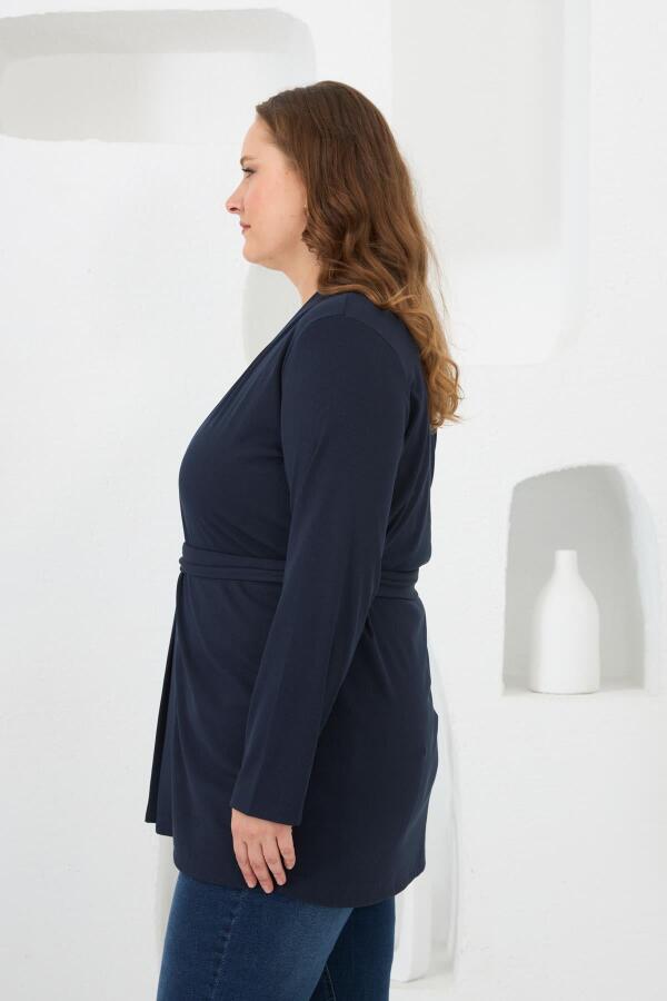 Belden Bağlamalı Örme Büyük Beden Hırka Lacivert - 2