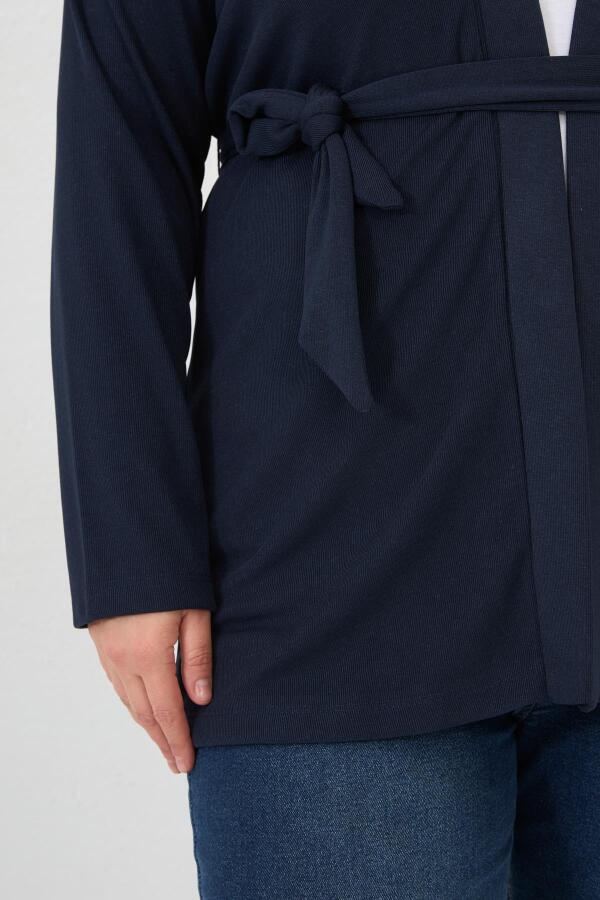 Belden Bağlamalı Örme Büyük Beden Hırka Lacivert - 4