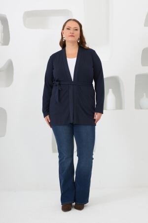 Belden Bağlamalı Örme Büyük Beden Hırka Lacivert - 5