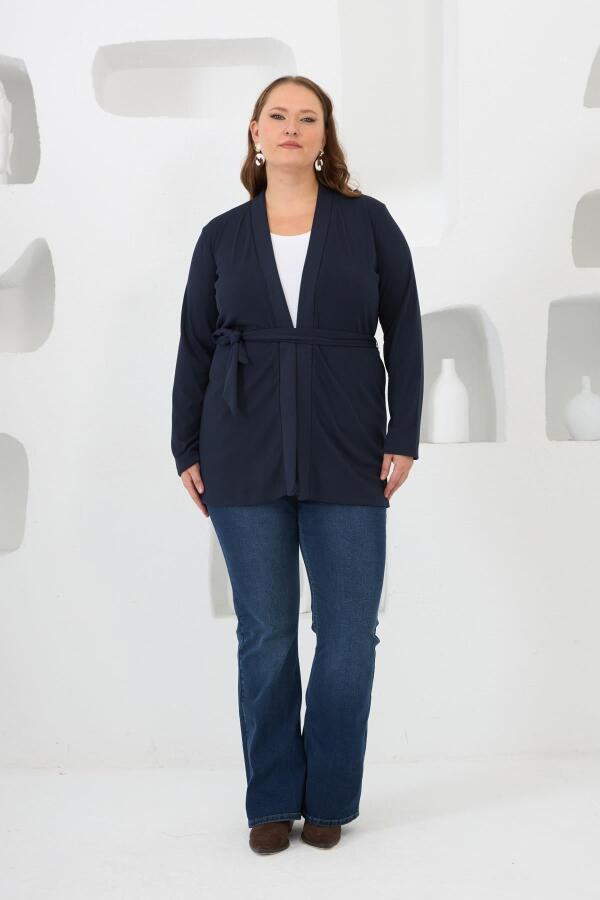 Belden Bağlamalı Örme Büyük Beden Hırka Lacivert - 5