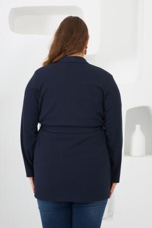 Belden Bağlamalı Örme Büyük Beden Hırka Lacivert - 6