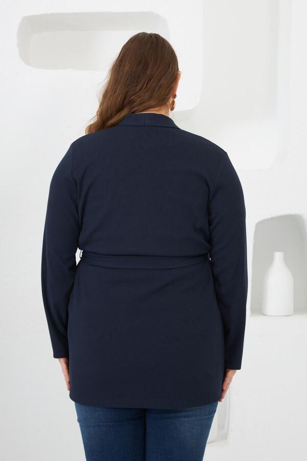 Belden Bağlamalı Örme Büyük Beden Hırka Lacivert - 6