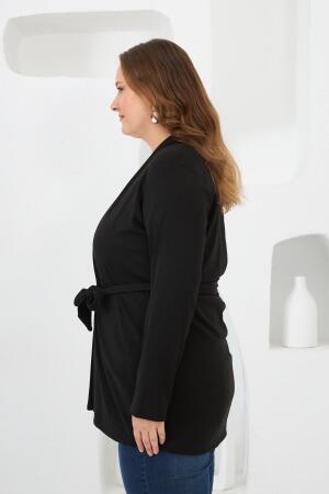 Belden Bağlamalı Örme Büyük Beden Hırka Siyah - RMG (1)