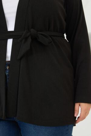 Belden Bağlamalı Örme Büyük Beden Hırka Siyah - 3