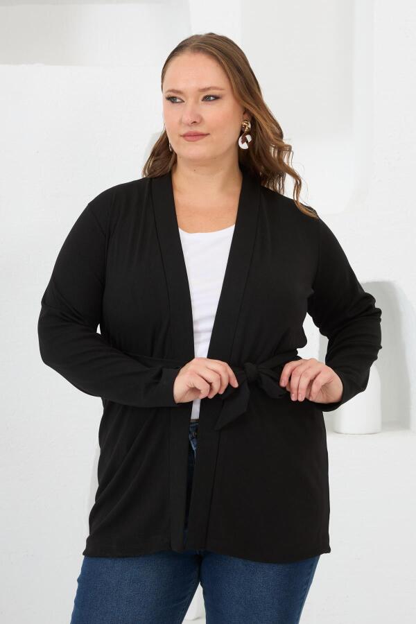 Belden Bağlamalı Örme Büyük Beden Hırka Siyah - 4