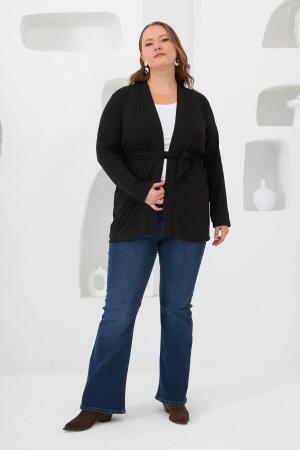 Belden Bağlamalı Örme Büyük Beden Hırka Siyah - 5