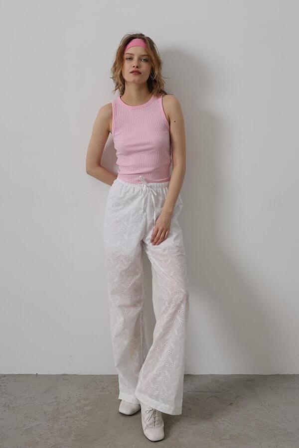 Beli Bağlamalı Brode Pantolon - Beyaz - 4