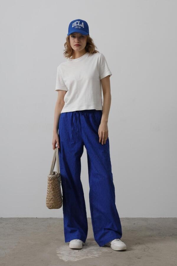 Beli Bağlamalı Brode Pantolon - Saks - 1