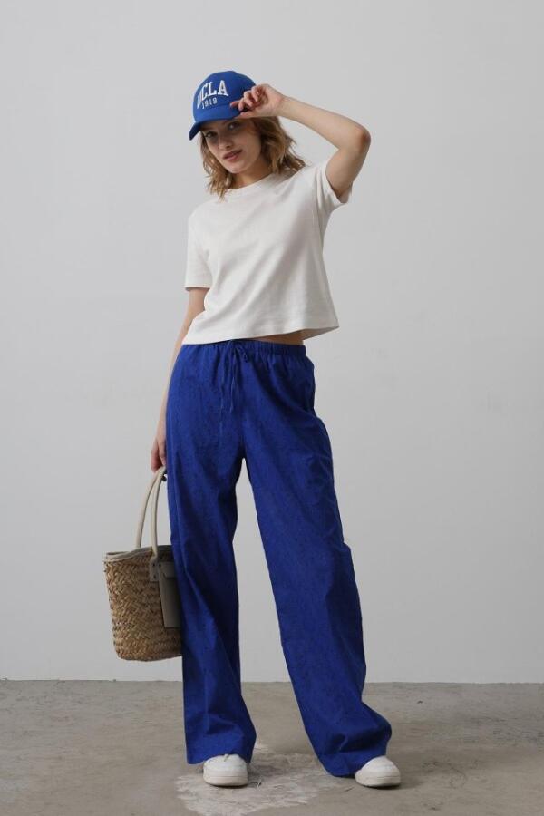 Beli Bağlamalı Brode Pantolon - Saks - 3
